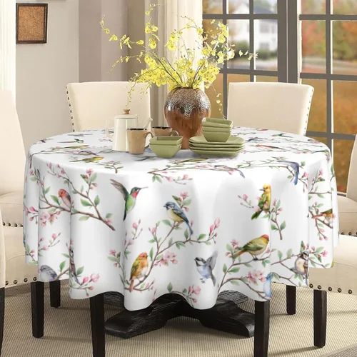 Miniatura 6 de Mantel redondo de primavera y verano de 60 pulgadas, diseño floral de ramas de pájaros, mantel lavable para fiesta, picnic, cocina, decoración