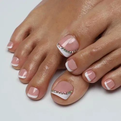 Miniatura 5 de Anyos - Uñas postizas a presión para mujer, uñas postizas cortas de punta francesa, uñas cuadradas sólidas, 24 piezas de pegamento en los dedos