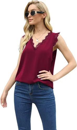 Miniatura 252 de VIISHOW - Camiseta sin mangas, sexy, con cuello en V y bordes de encaje para mujer, camisola de vestir, camisas de gasa, sin mangas, casuales
