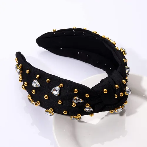 Miniatura 6 de Diademas anudadas de cristal para mujer, diademas brillantes con diamantes de imitación, cuentas doradas anchas adornadas, accesorios para el Negro