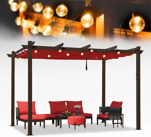 Miniatura 44 de PURPLE LEAF Pérgola Retráctil de 10' x 13' para Exteriores de Aluminio Blanco con Toldo de Sombra para Patio Refugio Moderno Marrón para Jardín