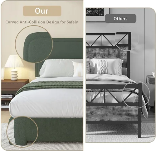 Miniatura 7 de Base de cama BarnFurin de tamaño individual, base de cama tapizada de tela con cabecero, estilo moderno, esquinas suaves y redondeadas, no hace Verde