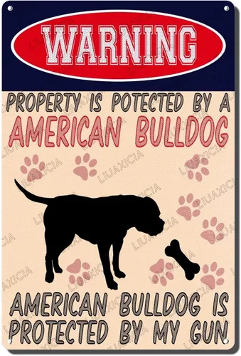 LIUAXICIA Letreros divertidos de metal con texto en inglés "Warning Property is Potected by A American Bulldog is Protected by My Gun" The Coffee