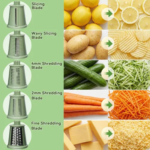 Miniatura 2 de Rallador rotativo de queso mejorado con asa, base de succión fuerte, rebanador giratorio multiusos con 5 cuchillas intercambiables para hielo, Verde