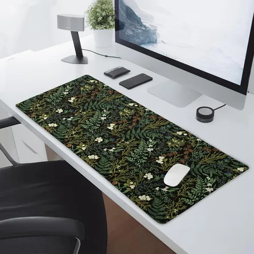 Miniatura 5 de Alfombrilla de mouse negra estética vintage para juegos botánicos, extendida, bonita planta verde bosque, naturaleza, floral, grande