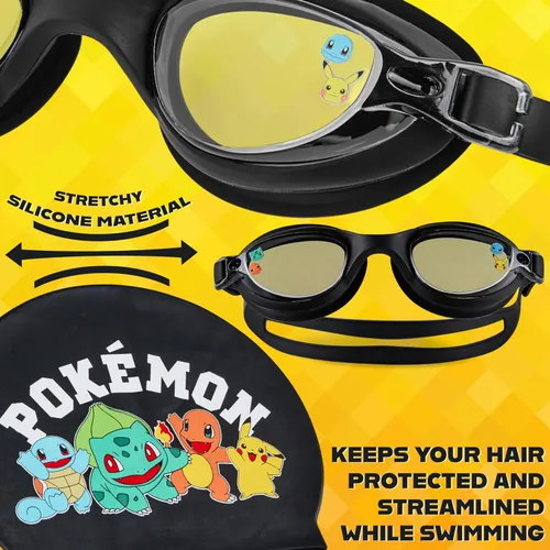 Miniatura 4 de Get Trend Gafas de natación y gorro de natación para niños y adolescentes, antivaho con protección UV Pokemon Negro