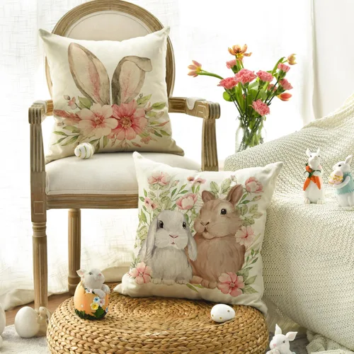 Miniatura 3 de AVOIN colorlife Juego de 4 fundas de cojín de Pascua con diseño de búfalo y flor de conejo de Pascua Be Hoppy Bule, 18 x 18 pulgadas, diseño