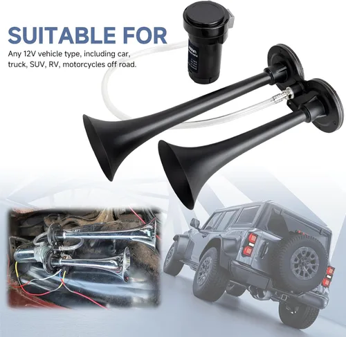 Miniatura 2 de FARBIN - Bocina de tren fuerte para coche de 12 V, bocina de aire de 150 dB súper fuerte, bocina de doble trompeta para camión con compresor y botón