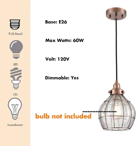 Miniatura 8 de Lámpara colgante para el techo YOBO Lighting, clásica, de alambre rústico y cristal resquebrajado, rojo antiguo cobrizo