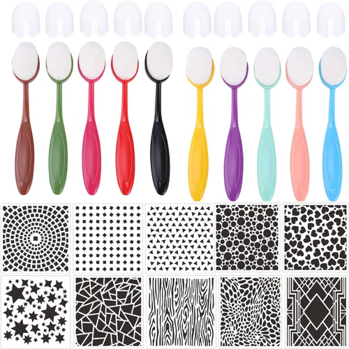 Miniatura 12 de Juego de 10 pinceles de mezcla de tinta, para manualidades, manualidades, papel para manualidades, con 6 plantillas de plástico para hacer tarjetas