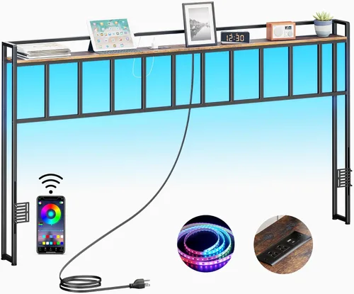 Miniatura 10 de LAKEMID Cabecera tamaño Queen, cabeceros con luz LED, salidas y puertos USB, cabecera con estante de almacenamiento, cabecera resistente y estable