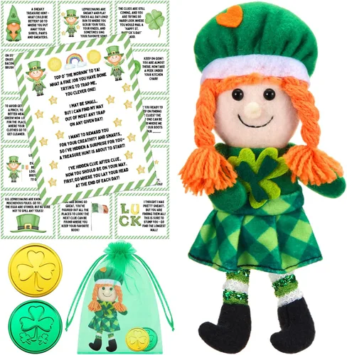 Shappy 1 juego de duende de peluche para niño y niña, juguete de peluche del día de San Patricio con monedas de trébol y letra de caza del tesoro de