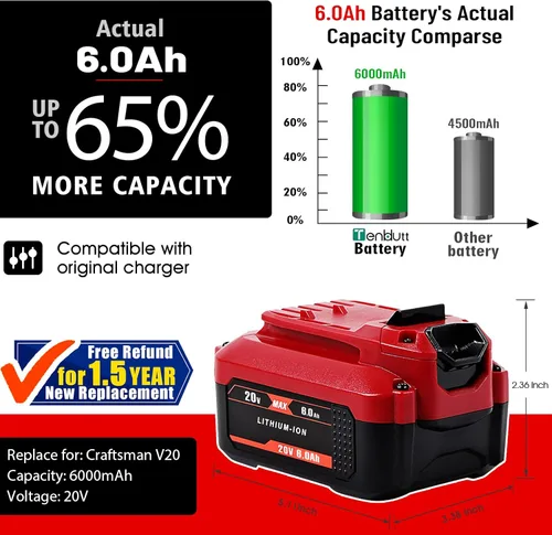 Miniatura 2 de TenHutt 【Actualización】 Batería de repuesto de 20 V 6.0 Ah para Craftsman 20 V batería de iones de litio V20 para herramientas eléctricas