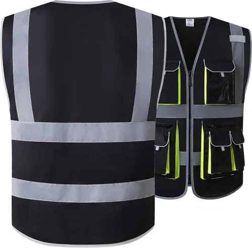 Miniatura 5 de JKSafety Chaleco de seguridad de color negro con 10 bolsillos, cremallera frontal, con tiras altamente reflectantes, cumple con las normas ANSI/ISEA