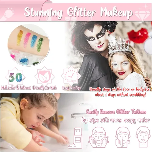 Miniatura 4 de TEUVO Kit de tatuaje con purpurina para niños con 50 colores, 177 plantillas, 25 calcomanías de patrones mixtos (colores/luminosos), 2 calcomanías