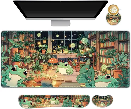 Miniatura 32 de Juego de alfombrilla de mouse grande para juegos, 4 en 1, alfombrilla de escritorio extendida para teclado con reposamuñecas, juego de alfombrilla