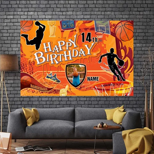 Miniatura 6 de Cartel personalizado de decoración de cumpleaños con temática de baloncesto de 14 años, pancarta de tela personalizada para suministros de fiesta