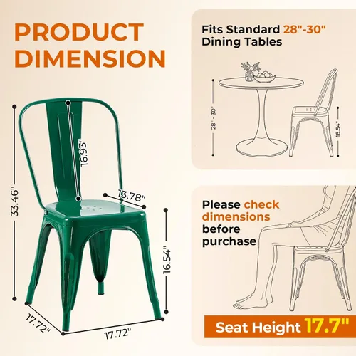 Miniatura 2 de Juego de 8 sillas de comedor de metal verde alpino, sillas de cocina apilables retro estilo granja, sillas laterales de acero verde oscuro para café
