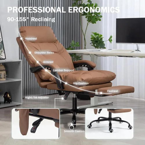 Miniatura 5 de Silla de oficina ejecutiva reclinable de 155° con soporte lumbar ajustable, cómoda silla de escritorio para computadora con reposapiés, silla