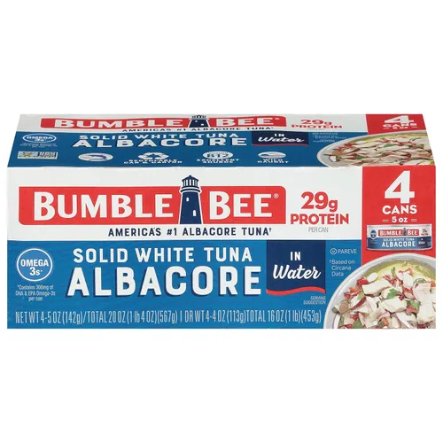 Bumble Bee - Filetes de atún blanco sólido en agua, lata de 142 g (paquete de 4) – Atún capturado de forma salvaje – 29 g de proteína por porción,