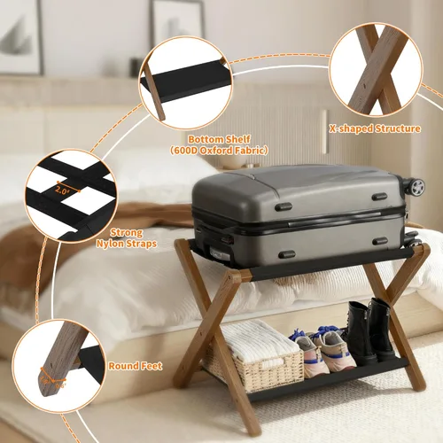 Miniatura 6 de Heybly Portaequipajes, soporte plegable para maleta con estante de almacenamiento, soporte de equipaje con 5 correas de nailon para habitación