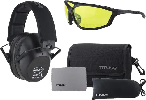 TITUS Paquete combinado de orejeras y gafas de seguridad de línea delgada Marco negro G26/lente amarilla