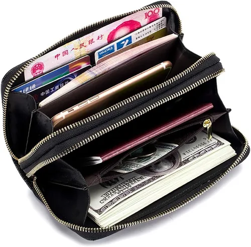 Miniatura 3 de Cartera de cuero para mujer con bloqueo RFID, bolsillo para teléfono inteligente con doble cremallera,Ranuras para efectivo de gran capacidad