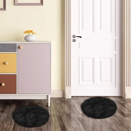 Miniatura 7 de Mini alfombra redonda negra de piel de oveja sintética de 15.7 pulgadas, alfombra circular esponjosa para silla, alfombra peluda para escritorio