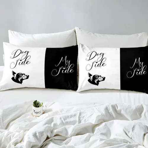 Miniatura 7 de Dog Side My Side - Juego de sábanas de tamaño Queen, color negro y blanco, sábana bajera ajustable para mujeres y hombres, sábanas románticas