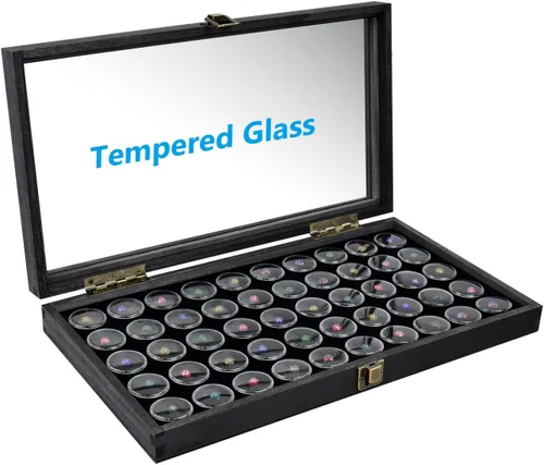 Miniatura 3 de MOOCA Caja de exhibición de joyería negra con parte superior de vidrio templado, 50 frascos de gemas, caja de anillos, organizador de joyas