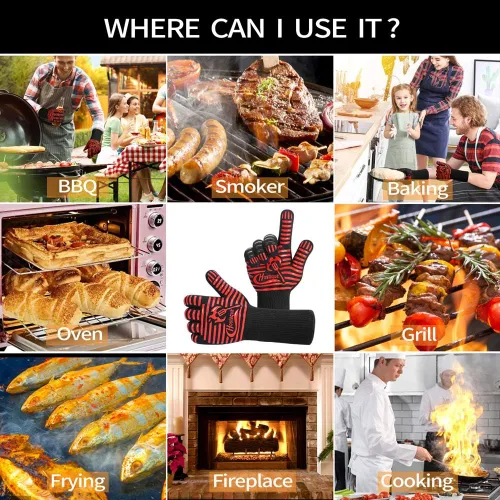 Miniatura 7 de Guantes de parrilla de 1472 ℉ resistentes al calor extremo, guantes de barbacoa para hombres, guantes de silicona antideslizantes para horno