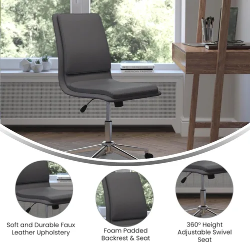 Miniatura 4 de Flash Furniture Madigan Task - Silla de oficina – Lujosa tapicería de cuero negro – Respaldo medio acolchado y asiento – Base cromada ajustable