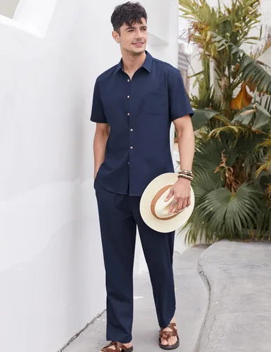 Miniatura 4 de COOFANDY Conjunto de 2 piezas de lino para hombre, conjunto de camisa y pantalón con botones para la playa