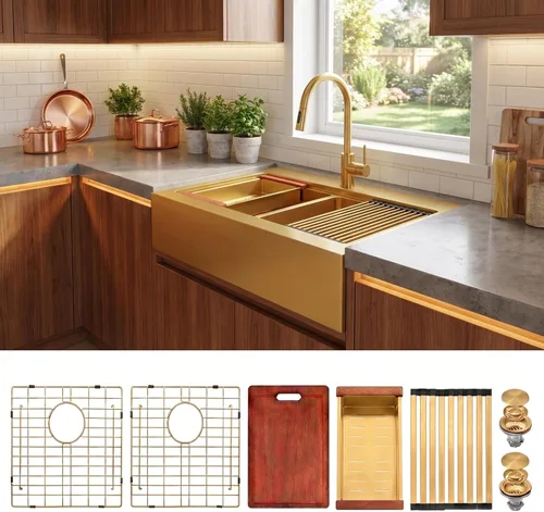 Miniatura 15 de LQS Fregadero de cocina dorado de 32 x 18 pulgadas, fregaderos de cocina empotrados, fregaderos de acero inoxidable de doble tazón 50/50