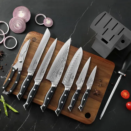 Miniatura 7 de NANFANG BROTHERS Juego de cuchillos de cocina de Damasco con bloque, 9 piezas, mango ergonómico ABS, afilador de cuchillos, tijeras de cocina Negro