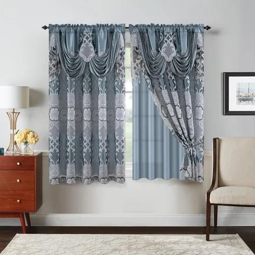 Miniatura 18 de Petrichor Cortinas de gasa jacquard transparente borgoña (54 pulgadas de ancho x 63 pulgadas de largo), 2 paneles con cenefa adjunta, diseño floral