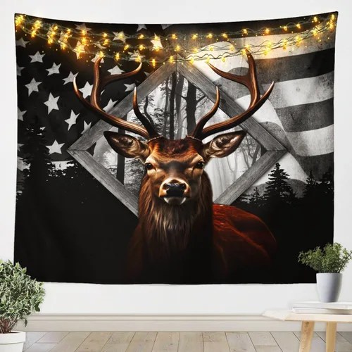 Tapiz de ciervo de cabaña, tapices de pared geométricos cuadrados de bandera estadounidense, decoración de habitación de niños y hombres, animales