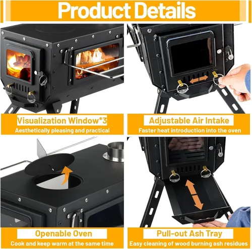 Miniatura 7 de Estufa de Tienda AVOFOREST Estufa de Leña con Pies Altos, Estufa de Tienda Caliente Portátil con 6 Tubos de Chimenea de Acero Inoxidable