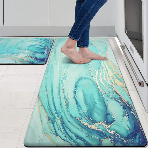 Miniatura 10 de MAYHMYO Juego de 2 tapetes de cocina antifatiga, diseño de mármol y azul, alfombrillas acolchadas y antideslizantes