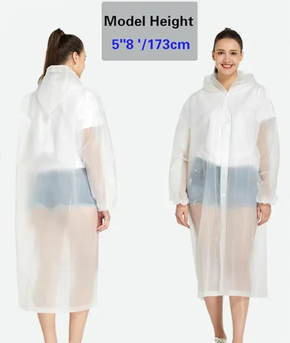 Miniatura 4 de Poncho de lluvia para adulto, paquete de 2 impermeables reutilizables de emergencia con capucha y cordón Blanco+Blanco