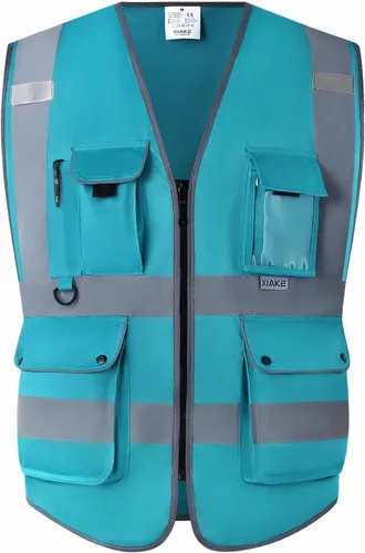 XIAKE Chaleco de seguridad reflectante para hombres y mujeres, chaleco de alta visibilidad clase 2 con bolsillos, cumple con las normas ANSI Azul