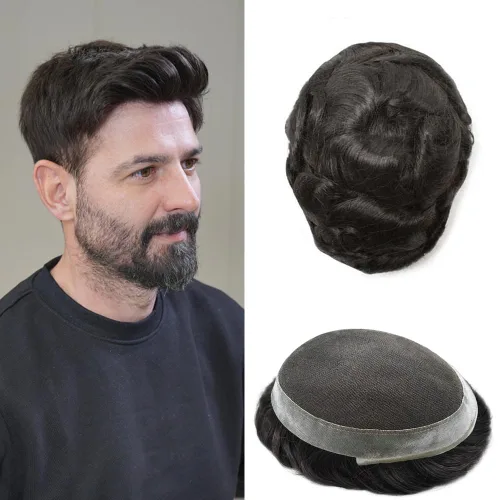 Miniatura 80 de Toupee para hombres Sistema de reemplazo de cabello humano real pieza de cabello humano para hombres encaje suizo para hombre Toupee Hair Pieces