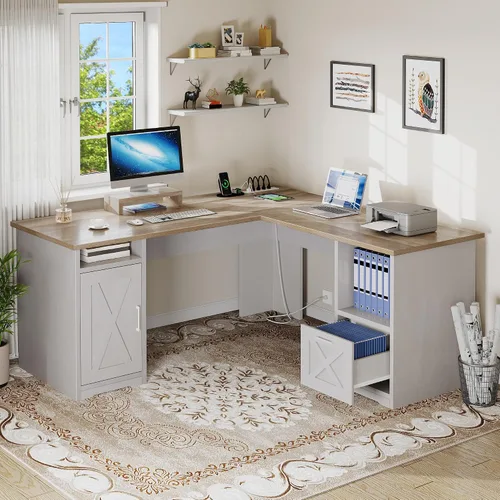 Miniatura 3 de DWVO Escritorio en forma de L con cajón de archivos, escritorio de esquina de 60 pulgadas con tomas de corriente, escritorio de oficina en casa