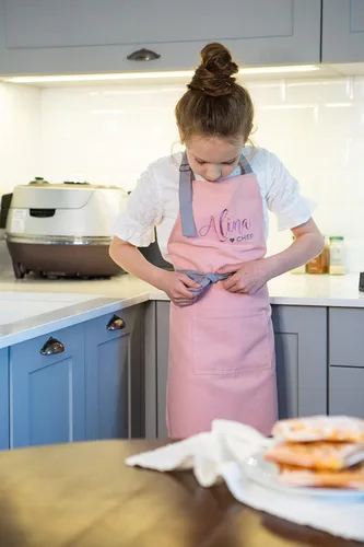 Miniatura 6 de Delantal para niños - Delantal de cocina personalizado bordado con nombre, ajustable, de algodón, con bolsillos, para cocinar rosado (01 Pink)