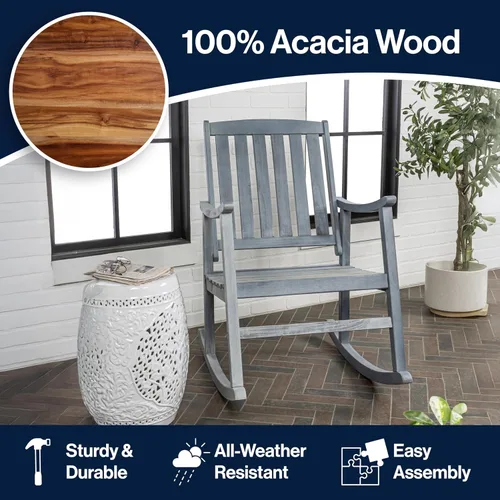 Miniatura 6 de JONATHAN Y Penny RCK102B - Mecedora de madera de acacia maciza para exteriores, acabado gris, con listones para porche, patio, patio trasero