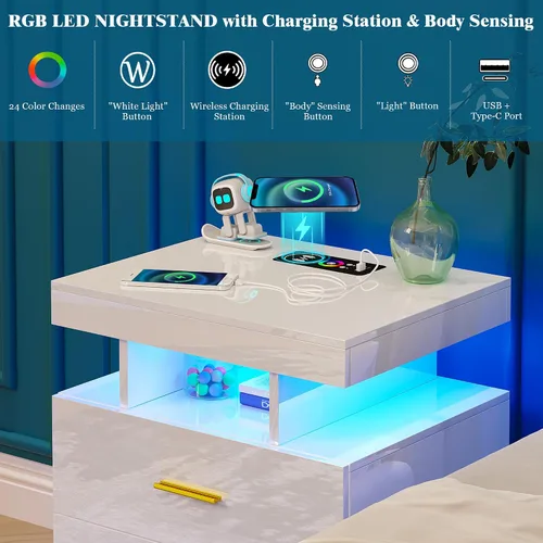 Miniatura 4 de WOOVIVS Juego de 2 mesitas de noche con estación de carga USB/tipo C/inalámbrica, mesitas de noche blancas con luces LED RGB automáticas, juego de 2