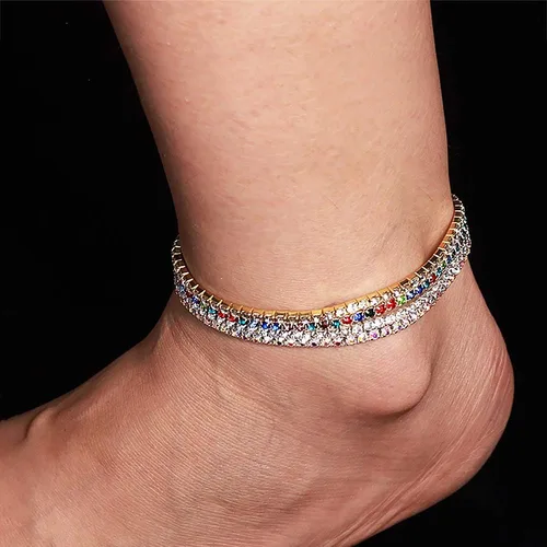 Miniatura 3 de Suyi Tobillera de cristal para mujer, 4 piezas, tobilleras elásticas de tenis, cadena elástica para el pie