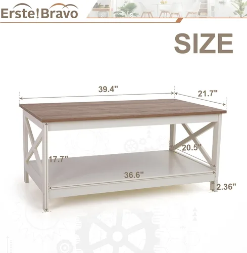 Miniatura 2 de Mesa de centro de granja con almacenamiento, mesa central cuadrada moderna con estante para sala de estar, mesa de cóctel de aspecto de madera