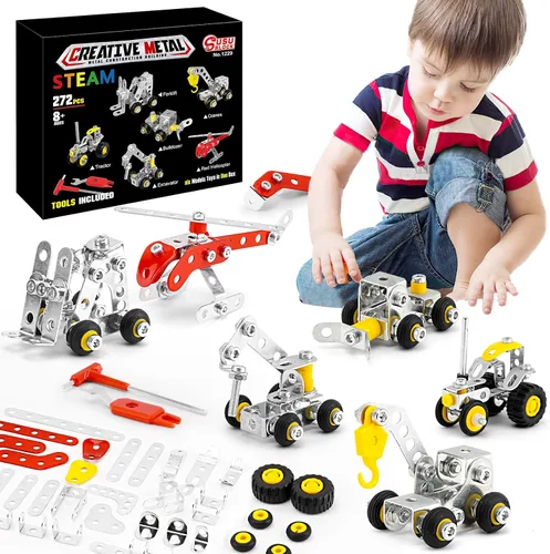 BESTYMXY Juguetes de construcción de troncos, vehículos de construcción de metal y kit de modelo de helicóptero, 6 modelos, 272 piezas para niños de