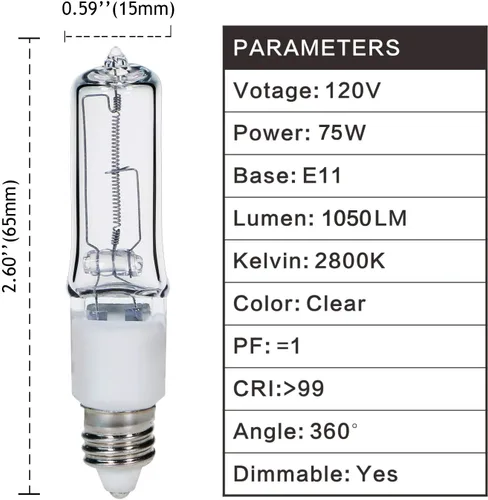 Miniatura 4 de GMY JDE11 - Bombilla E11 de 120 V, 75 W, base de candelabro, bombilla T4 JDE11, bombillas halógenas transparentes regulables de 75 W para ventilador
